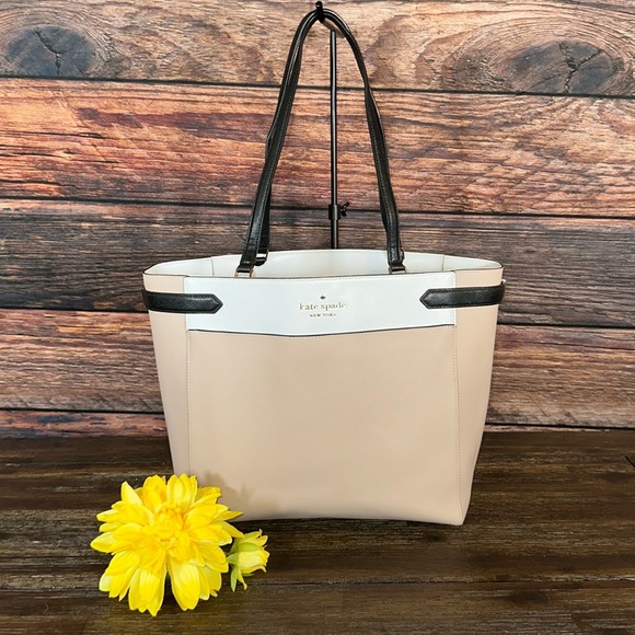 kate spade Handbags - Kate Spade Staci Bag Purse Leather Laptop Tote in Tan, White & Black Color Block